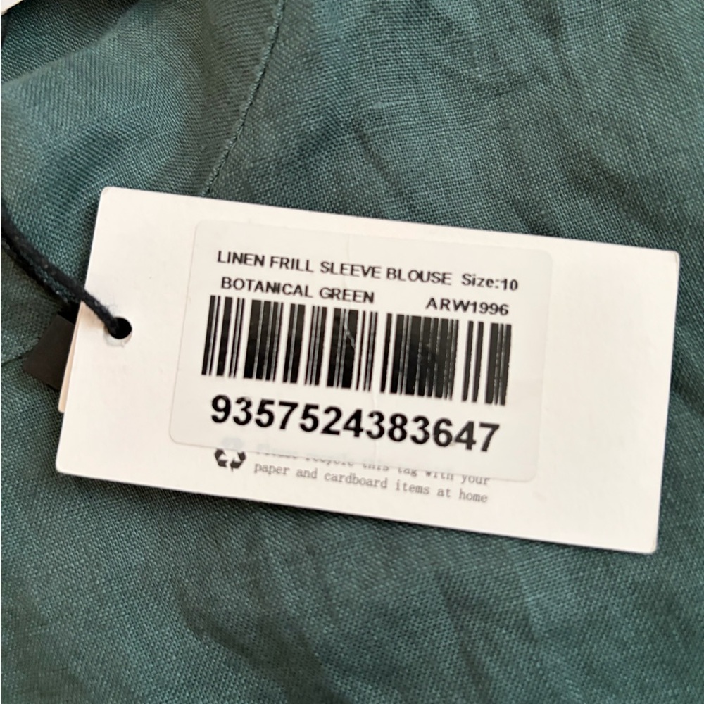 AERE NWT 100% Linen Frill Sleeve Botanical Green Blouse Women's Sz 10 Resort - Picture 6 of 10